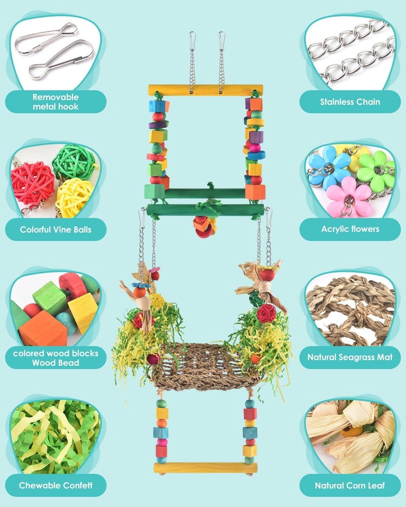DBNESS Bird Hammock Toys Parakeet Perches Swing, 3in1 Detachable Parrot Cage Accessories, Wooden Hanging Chew Toys for Medium Conure Cockatiel Quaker Lory - Image 4